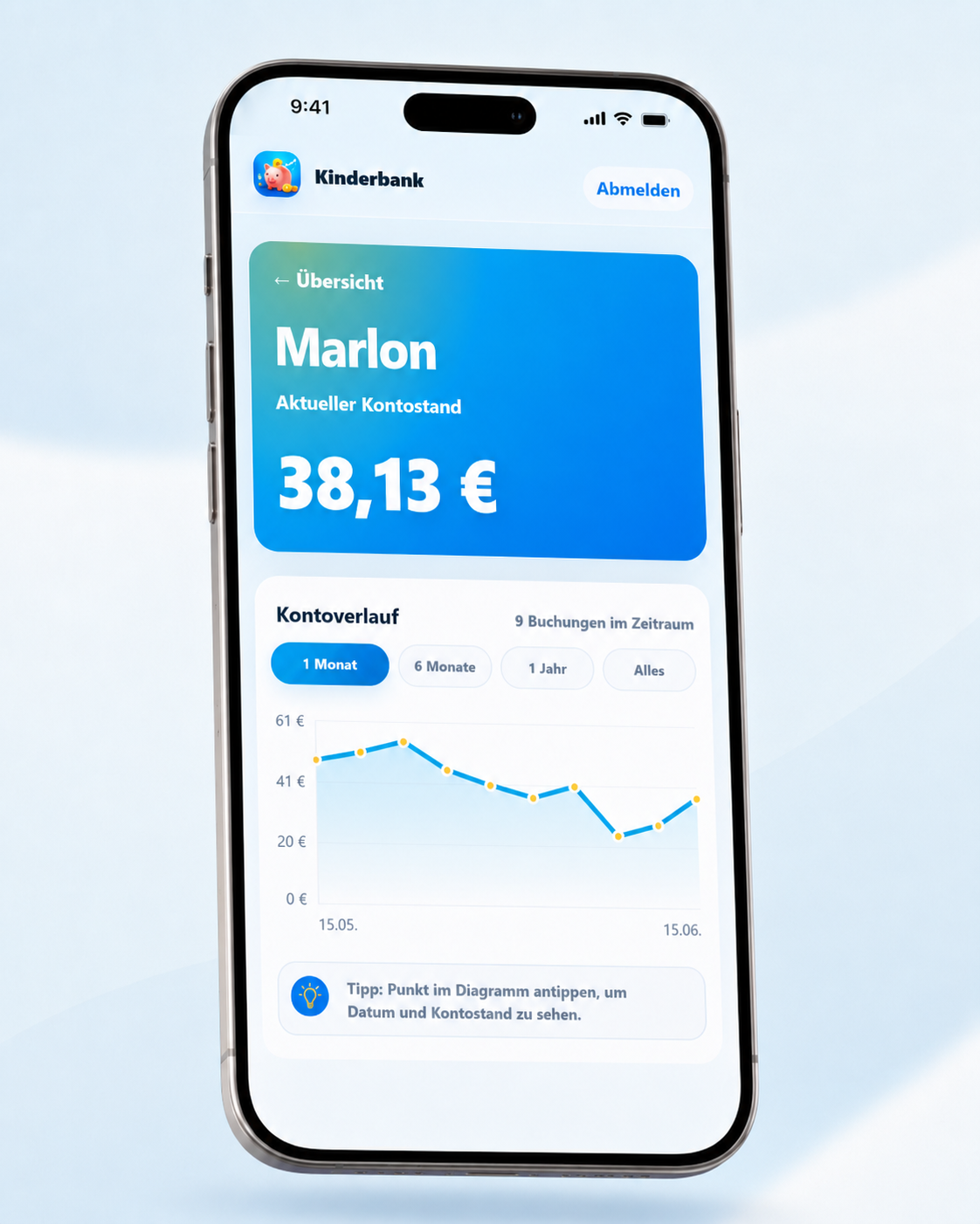 Kinderkonto mit Kontostand und Kontoverlauf als Diagramm auf einem Smartphone