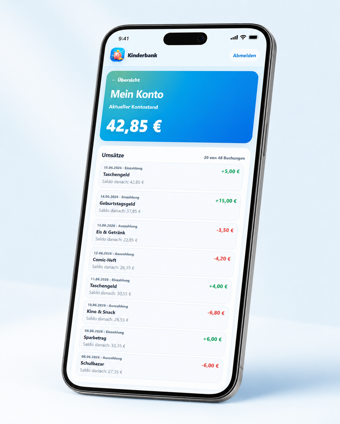 Umsatzliste mit anonymisierten Einzahlungen, Auszahlungen und Saldo danach auf einem Smartphone